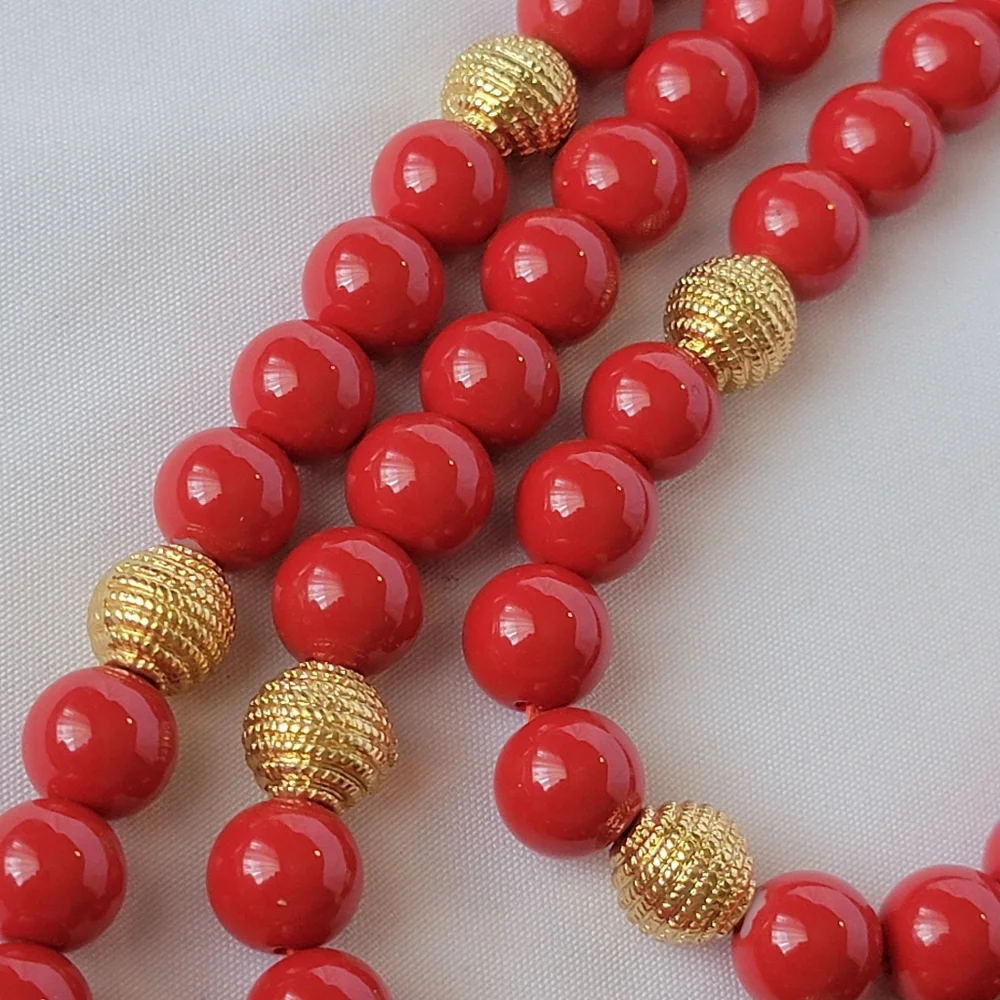 Talbots Signed Red and Gold Three Strand Beaded Necklace